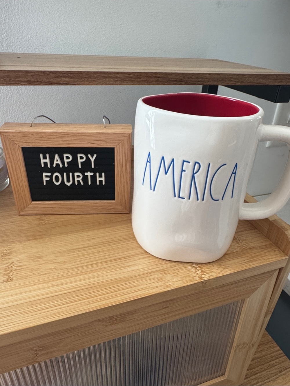 Rae Dunn White 'America' Ceramic Mug with Red Interior